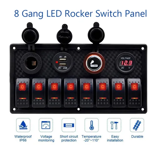 Vista 4 de KAOLALI Panel de interruptor basculante de 8 bandas, 12 V, 24 V, impermeable, con doble USB, encendedor de cigarrillos, voltímetro, LED azul
