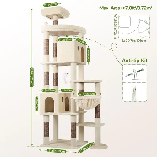 Vista 7 de Globlazer Árbol Gigante para Gatos, Árbol para Gatos de 83 Pulgadas para Gatos Grandes Adultos de Interior, Torre XXL para Gatos con 9 Postes