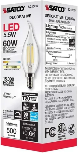 Vista 8 de Satco S21305 5.5CA10/LED/930/CL/120V/E12 (6 bombillas LED)