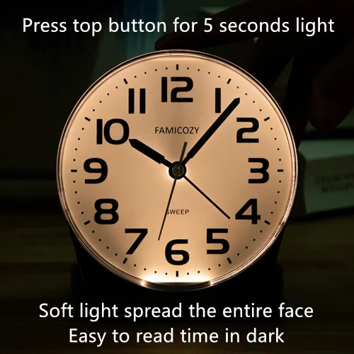 Vista 5 de FAMICOZY Reloj despertador analógico sin tictac de 4.5 pulgadas, silencioso, legible para personas mayores, fácil de configurar, alarma de aumento