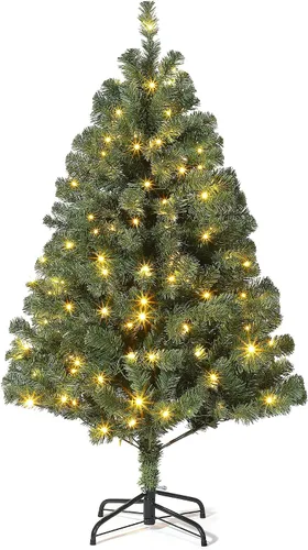 Vista 9 de Árbol de Navidad artificial de 6 pies, árbol de Navidad preiluminado con 120 luces LED, ramas con bisagras y soporte de metal para decoración