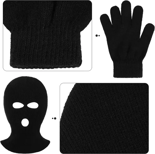 Vista 3 de URATOT Juego de disfraz de ladrón de Halloween para adultos, color negro, blanco, camiseta a rayas, guantes, cubierta facial, bolsas, dinero