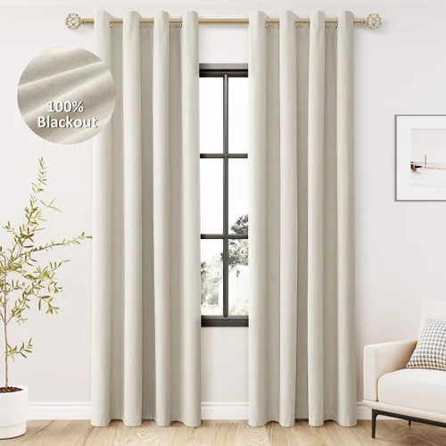 Vista 19 de Beige White Linen Blackout Curtains 90 Length 2 Panels Set for Living Room Bedroom, 100% Black Out Thermal Insulated Linen Drapes, Room Darkening