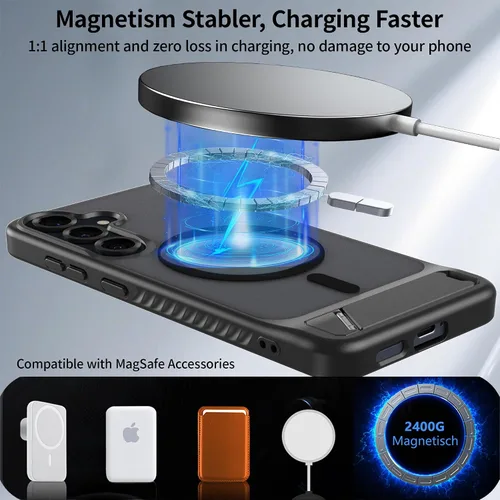 Vista 3 de Funda magnética para Samsung Galaxy S25+ Plus / S24+ Plus, soporte invisible integrado, compatible con MagSafe, translúcida a prueba de golpes Negro