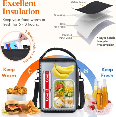Vista 2 de Lifewit Lonchera expandible para hombres, bolsa de almuerzo aislada, bolsa enfriadora portátil con correas para el hombro y 2 paquetes de hielo