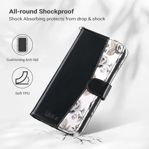 Vista 7 de ULAK Compatible con iPhone 12 Pro Max Funda Cartera con Portarjetas, Funda de Cuero PU con Soporte Plegable Ranuras para Tarjetas Correa de Muñeca