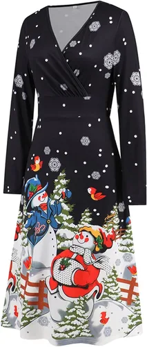 Vista 7 de Vestidos de Navidad para mujer, de manga larga, casual, falda de cóctel, fiesta, acampanado, vestido de Navidad, vestido midi para fiesta