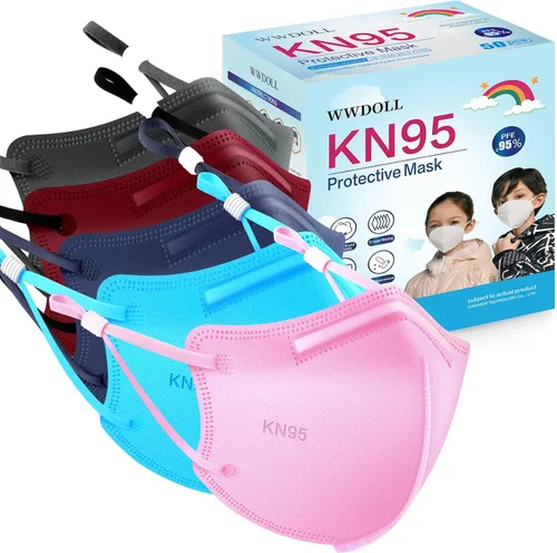Vista 8 de WWDOLL Mascarilla KN95 para niños, paquete de 50 unidades, mascarillas KN95 transpirables de 5 capas para niños, color negro