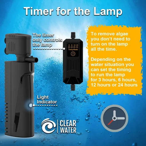 Vista 5 de Filtro de tanque de peces con luz U - V y temporizador (3/6/12/24 horas) para limpieza de agua verde, filtro de acuario con filtro de tanque