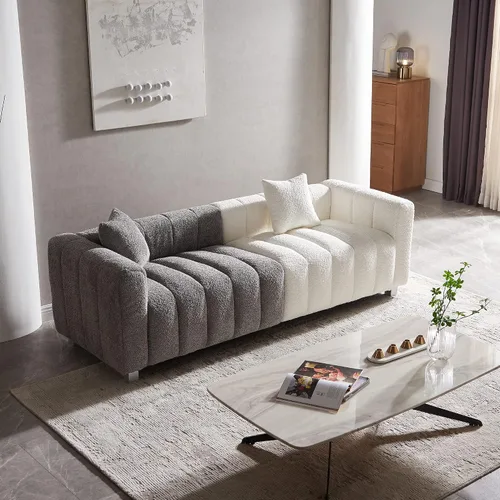 Vista 5 de Sofá moderno de 3 plazas de 87.4 pulgadas, sofá de burbujas para sala de estar, sofá de terciopelo con asiento profundo Teddy Bouclé, sofá de dos