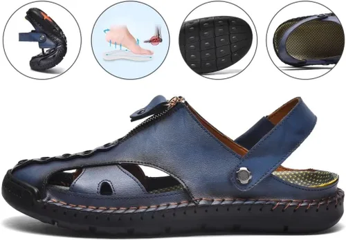 Vista 4 de Sandalias de playa de cuero con punta cerrada para hombre,Sandalias impermeables de pescador de moda hechas a mano,Zapatillas de agua casuales