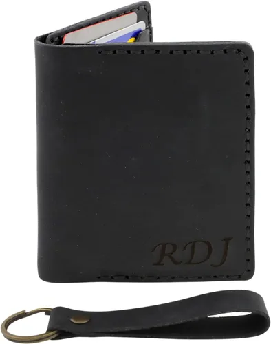 Vista 2 de Cartera minimalista de cuero genuino grabada personalizada para hombres y mujeres, carteras personalizadas con 4 ranuras para tarjetas con llavero