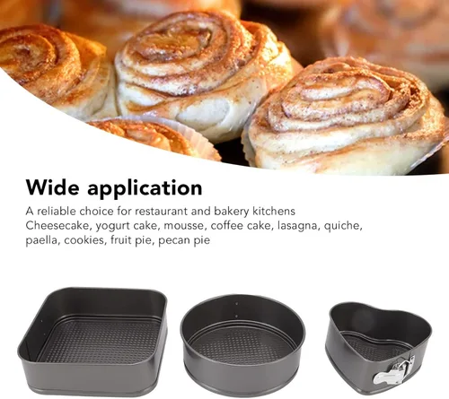 Vista 2 de Juego de 3 moldes para tartas de acero redondo con forma cuadrada de corazón antiadherente, molde para tartas de queso, parte inferior extraíble