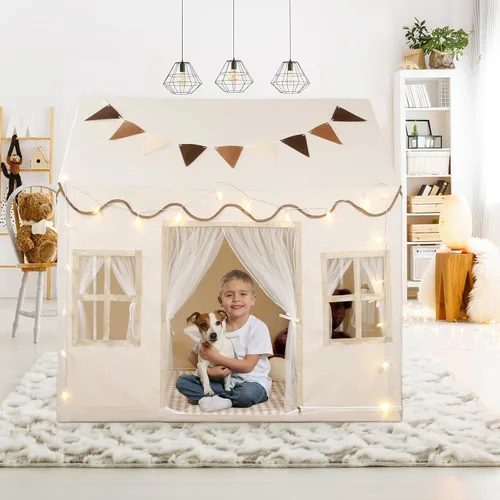 Vista 5 de Tienda de campaña para niños, casa de juegos grande con cuerda de estrella, bandera, lavable a máquina, tienda de campaña para interiores