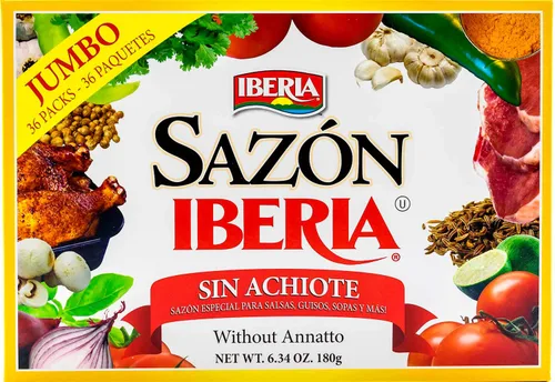 Vista 2 de Sazon Iberia without Achiote 6.34 oz (36 paquetes) + Iberia Mojo Criollo, 10 oz