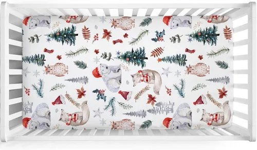Vista 2 de Sábana bajera ajustable para cuna de bebé, diseño de animales del bosque, 52 x 28 pulgadas, diseño de animales de Navidad, oso, zorro, búho, hojas