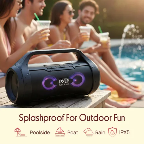 Vista 6 de Pyle Altavoz portátil Bluetooth Boombox – 40 W de potencia máxima, 2.0 canales recargable estilo barril altavoz con TWS, luces LED – entrada AUX