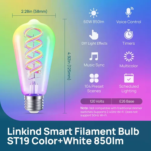 Vista 2 de Linkind Matter - Bombillas inteligentes, ST19/ST58 E26, bombilla LED compatible con Alexa, bombillas inteligentes, bombillas WiFi, bombilla RGBTW