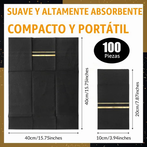 Vista 2 de Paquete de 100 servilletas de cena negras y doradas con bolsillo para cubiertos Disposable Linen Feel Guest Napkins, Gold Trim Lined Pre Folded