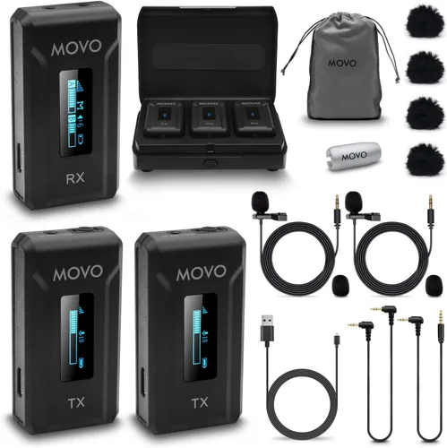 Vista 8 de Movo WMX-2 Micrófono inalámbrico para cámara con estuche de carga, micrófono Lavalier para cámaras DSLR, Vlogging, creación de contenido, cine