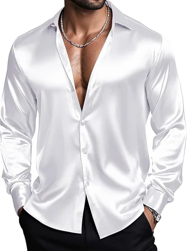 Vista 10 de Barry.Wang Camisas de discoteca de los años 70 para hombre, camisas beige B
