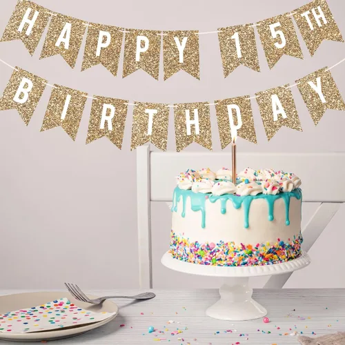 Vista 4 de Cartel de feliz cumpleaños 15 pre-encordado - Cartel de cumpleaños con purpurina dorada No DIY - Gold Glitter 15th Party Decorations for Boys &