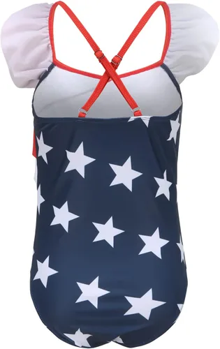 Vista 2 de Trajes de baño de una pieza para niñas, traje de baño de arcoíris a rayas Cruz con volantes de bandera americana