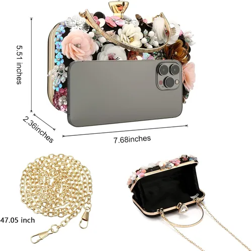 Vista 3 de Rkrouco Bolso de mano floral para mujer, bolso de mano de flores coloridas con diamantes de imitación de metal