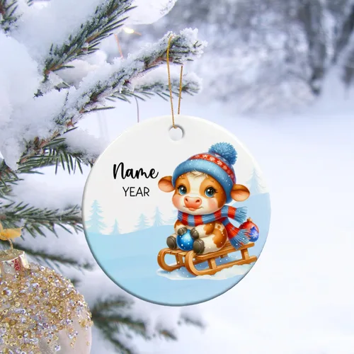 Vista 5 de Adornos de Navidad personalizados de vaca para niños, adornos personalizados de la primera Navidad del bebé de vaca para recién nacido, adorno