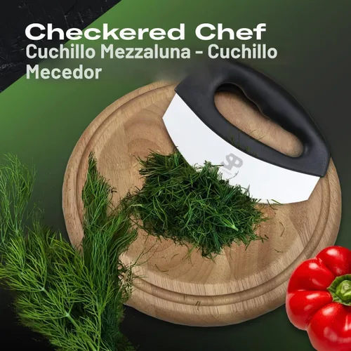 Vista 2 de Cuchillo picador de ensalada Mezzaluna de acero inoxidable, picadora de hierbas de doble hoja con cubierta protectora y asas ergonómicas para cortar