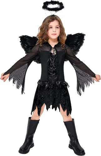 Vista 3 de Doxrmuru Vestido de ángel caído para niñas para disfraz de Halloween con alas negras