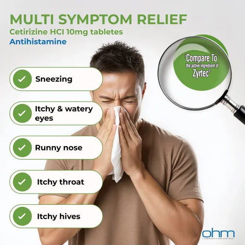 Vista 4 de Ohm Cetirizina 10 mg, alivio de la alergia durante todo el día (100 unidades) tabletas antihistamínicas para alergias en interiores y exteriores