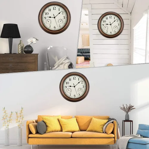 Vista 5 de Rsobl Reloj de pared para interiores y exteriores de 12 pulgadas, impermeable, con combinación de temperatura y humedad, funciona con pilas, reloj
