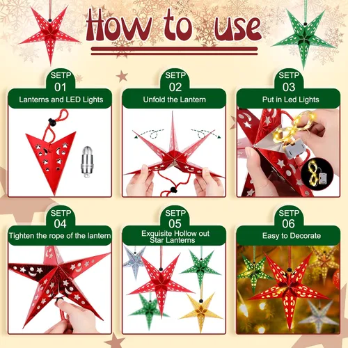 Vista 3 de Hortsun Juego de 20 faroles de papel de Navidad con forma de estrella, 2 tamaños, 17.7 y 11.8 pulgadas, adornos colgantes de Navidad, pantalla 3D