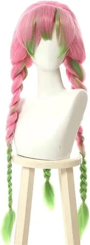 Vista 2 de BYOOTI Peluca de cosplay de anime Kanroji Mitsuri para personajes de Kimetsu no Yaiba, peluca larga trenzada Lolita verde y rosa con gorra de peluca