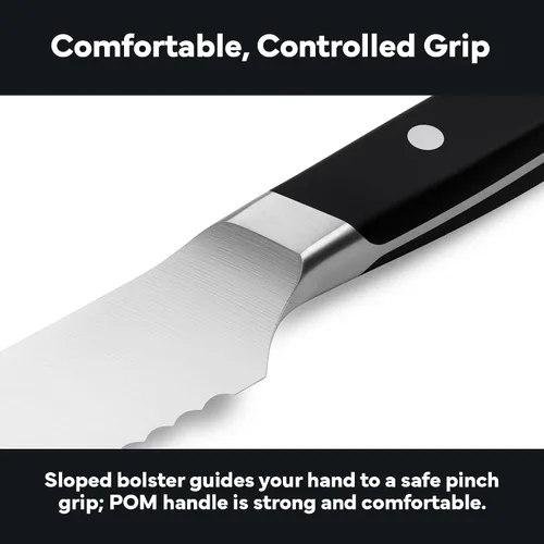 Vista 5 de Misen Cuchillo de Pan Dentado - Acero Japonés AUS8 de Alto Carbono - Perfecto para Alimentos Suaves, Pan, Pasteles y Frutas - Rebanador Versátil