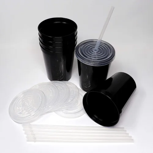 Vista 3 de Rolling Sands - Vasos de plástico reutilizables de 16 onzas con tapas, 6 unidades, hechos en EE. UU.; vasos y tapas de plástico, incluye 6 pajitas
