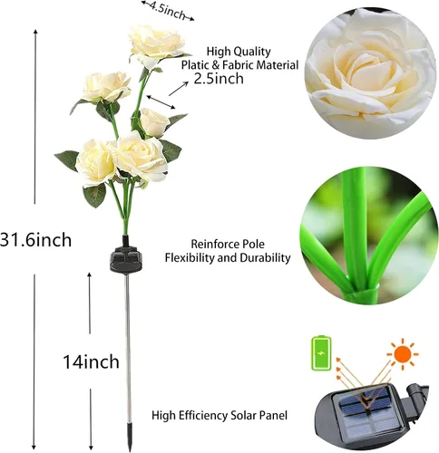 Vista 5 de SmilingTown Luces solares de flores para exteriores, impermeables, [actualizadas], paquete de 2 10 rosas blancas, luces decorativas para jardín