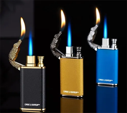 Vista 5 de Encendedor de cocodrilo 2022, soplete de cocodrilo de doble fuego, resistente al viento, encendedores de butano con llama de chorro genial