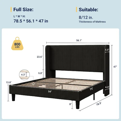 Vista 2 de Allewie Marco de cama tamaño completo con cabecera tapizada tipo wingback, cama plataforma de terciopelo de pana con capitoné de canales verticales