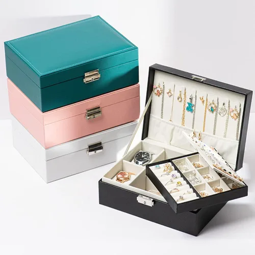 Vista 6 de XYMAO Caja organizadora de joyas cajas de joyería de cuero sintético con cerradura para mujeres y niñas caja de joyería de viaje para anillos aretes