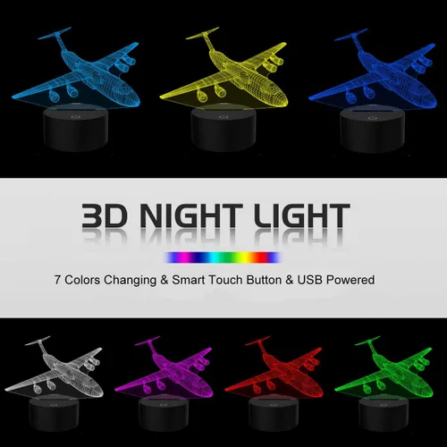 Vista 2 de Lámpara de ilusión de avión 3D con luz nocturna de avión con 7 colores cambiantes, control táctil con cable USB, LED, juguete de combate, lámparas