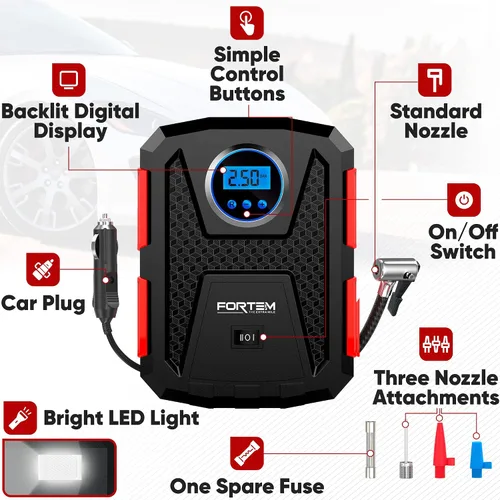Vista 3 de FORTEM Organizador de maletero de coche (3 compartimentos, rojo) + inflador de neumáticos portátil