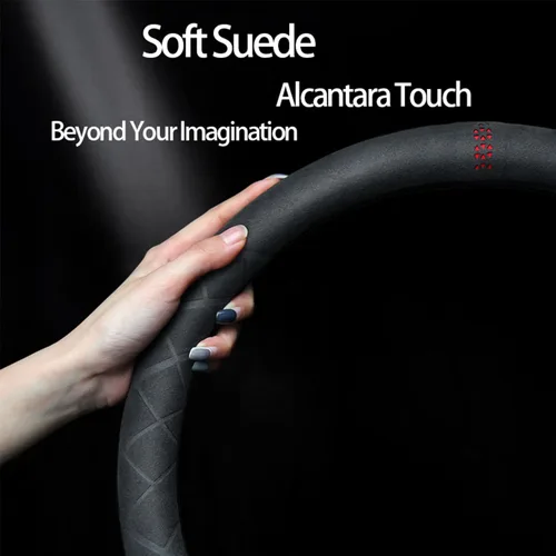 Vista 5 de Funda de volante de gamuza de 14 pulgadas, compatible con Tesla Model 3 Model Y, funda de volante deportiva de cuero gamuza antideslizante
