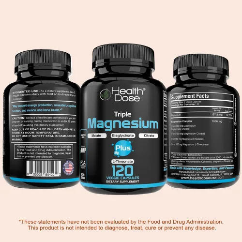Vista 8 de Health Dose Triple Magnesium Complex 1000 mg Mezcla de L-treonato, bisglicinato, citrato y malato Apoyo para la relajación muscular, el sueño