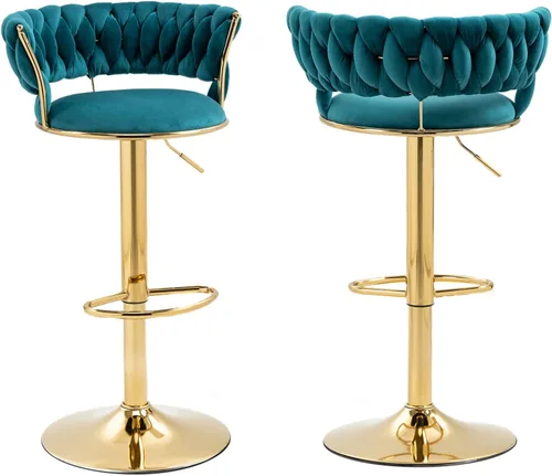 Vista 7 de Juego de 2 taburetes de bar giratorios de altura ajustable y 360, silla de recepción redonda moderna, silla de bar de terciopelo dorado, silla alta