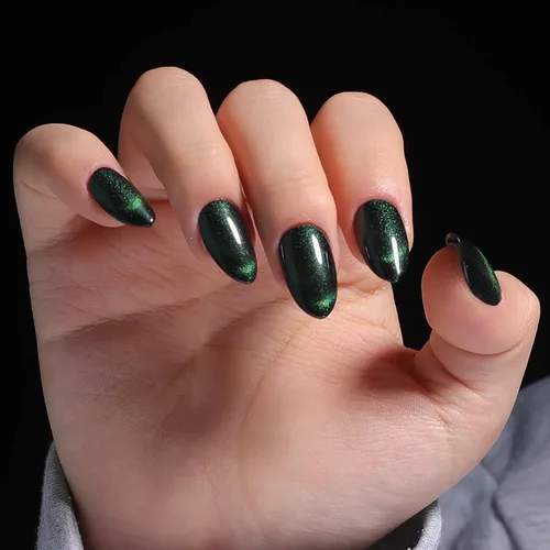 Vista 26 de Uñas postizas rojas de tamaño mediano en forma de almendra, uñas acrílicas brillantes con diseño de purpurina, uñas artificiales de cobertura a001