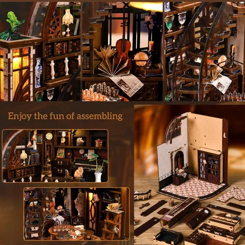 Vista 4 de Kit de casa en miniatura, rompecabezas de madera 3D para adultos, kit de rincón de libro con luz LED táctil, inserto de estantería de biblioteca