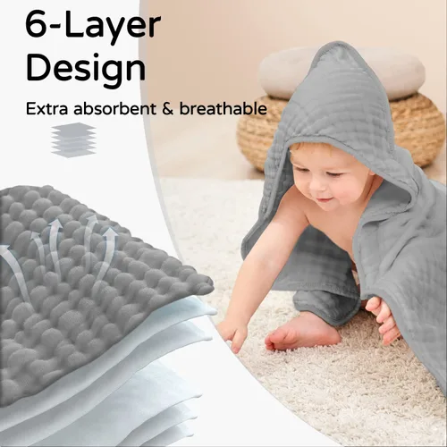 Vista 3 de Yoofoss - Paquete de 2 toallas de baño con capucha, 100% de muselina de algodón, para bebés y niños pequeños, suaves y absorbentes, esenciales