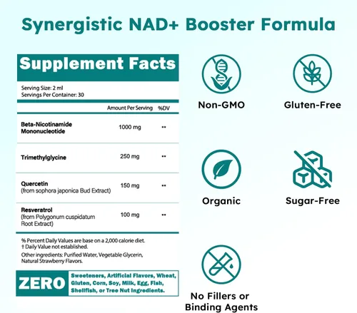 Vista 8 de Suplemento NMN Gotas líquidas, 4 en 1 NMN Beta 1000 mg con Quercetina TMG Resveratrol para energía antienvejecimiento y apoyo inmunológico, NMNH